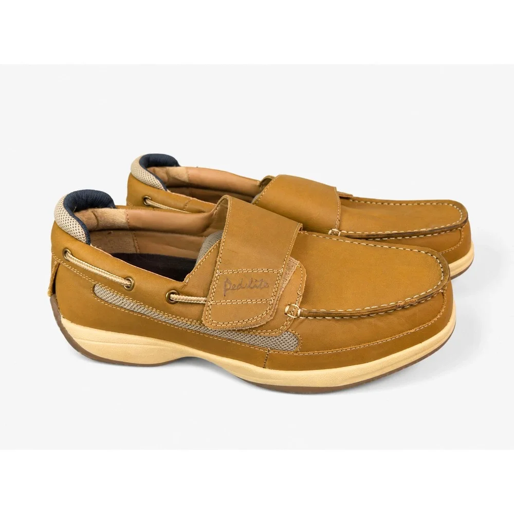 Pedlite Men's Boat Shoes Size 12 W Tan Leather Hook & Loop Casual Loafers EUC